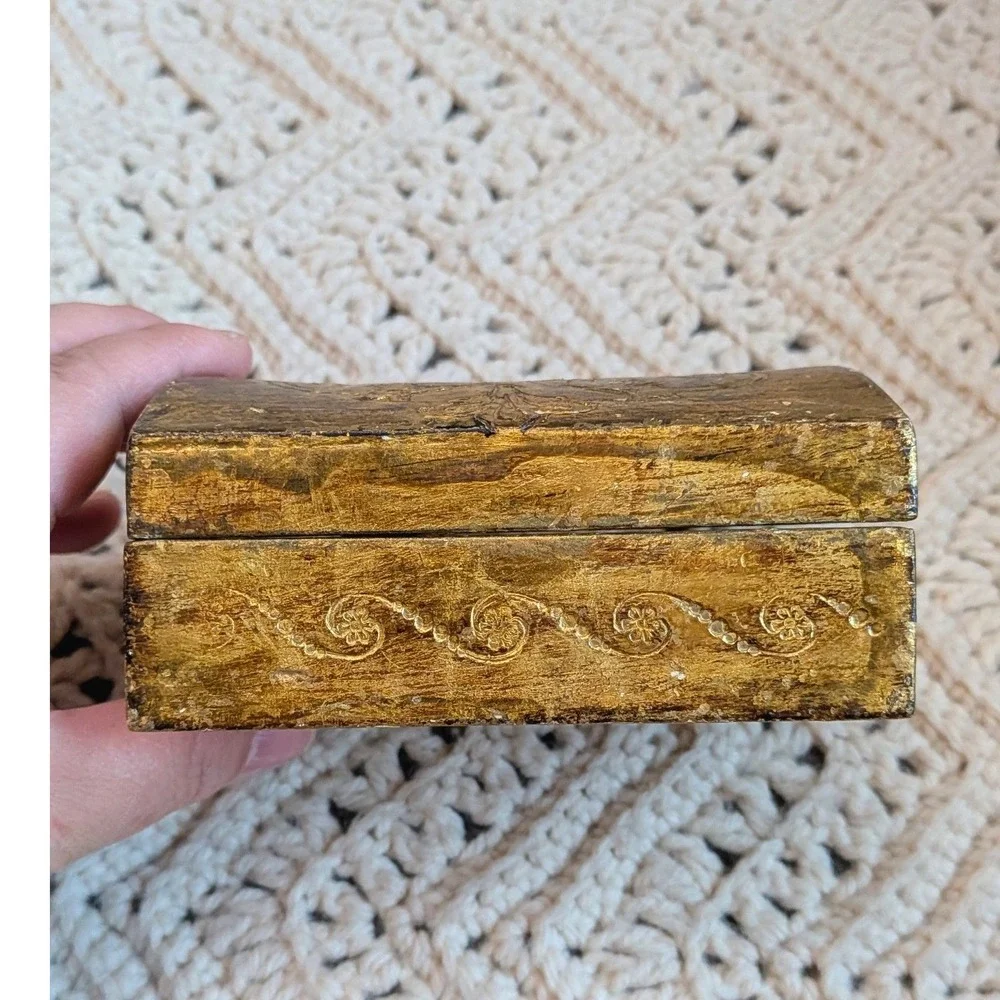 Vintage Florentine Wood Jewelry Box Gold Gilt Domed Trinket Chest Made in Italy